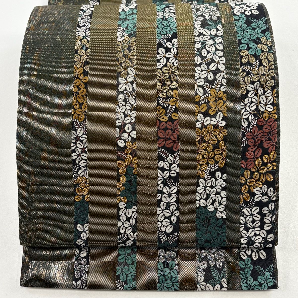 袋帯 縞 萩 箔 金糸 灰緑 六通 正絹