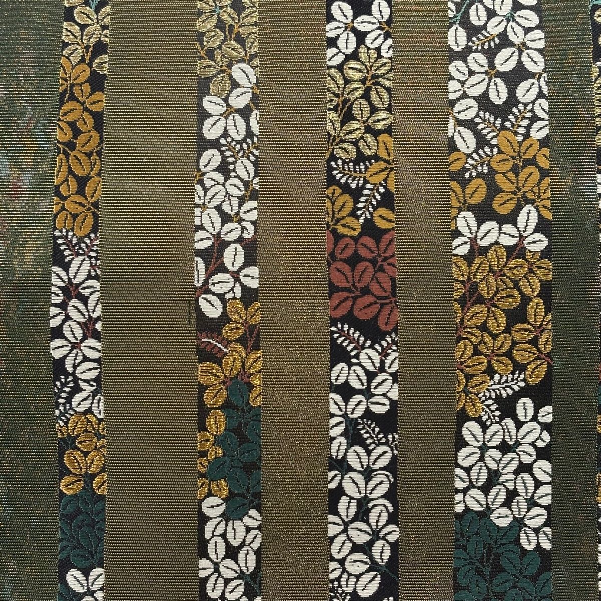 袋帯 縞 萩 箔 金糸 灰緑 六通 正絹