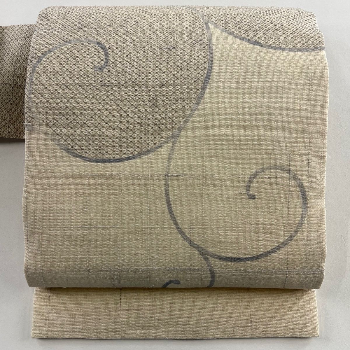 名古屋帯 夏帯 紬地 疋田 唐草 ベージュ 正絹