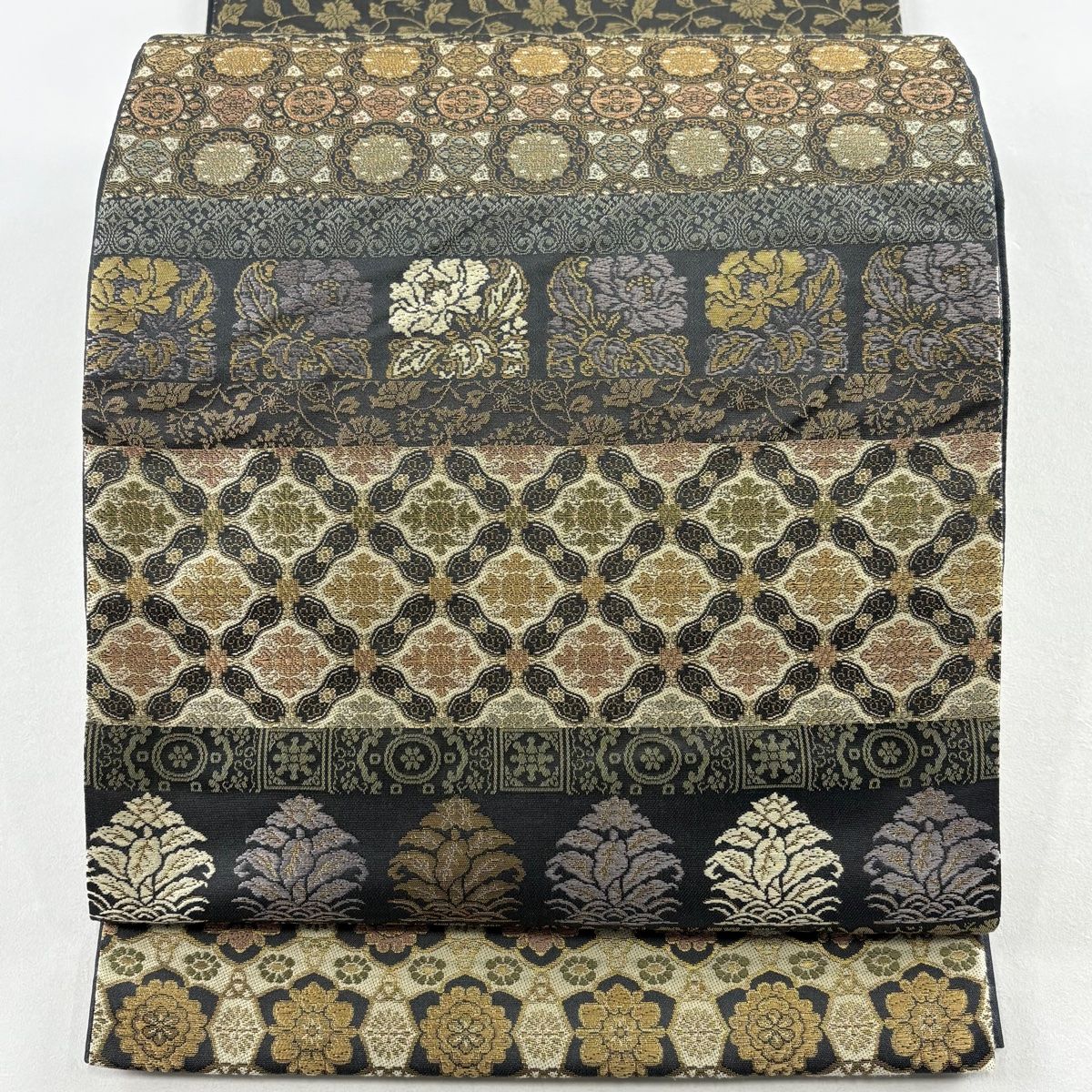 袋帯 箔屋清兵衛 落款 蜀江文 花唐草 箔 灰緑 全通 正絹