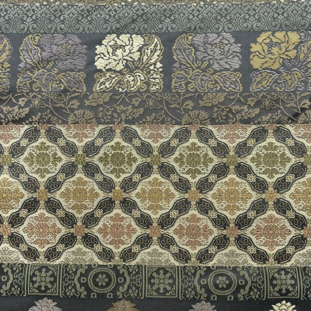 袋帯 箔屋清兵衛 落款 蜀江文 花唐草 箔 灰緑 全通 正絹