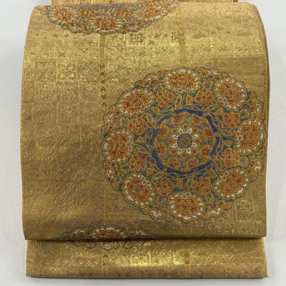 袋帯 落款 華文 花唐草 金糸 箔 金色 六通 正絹