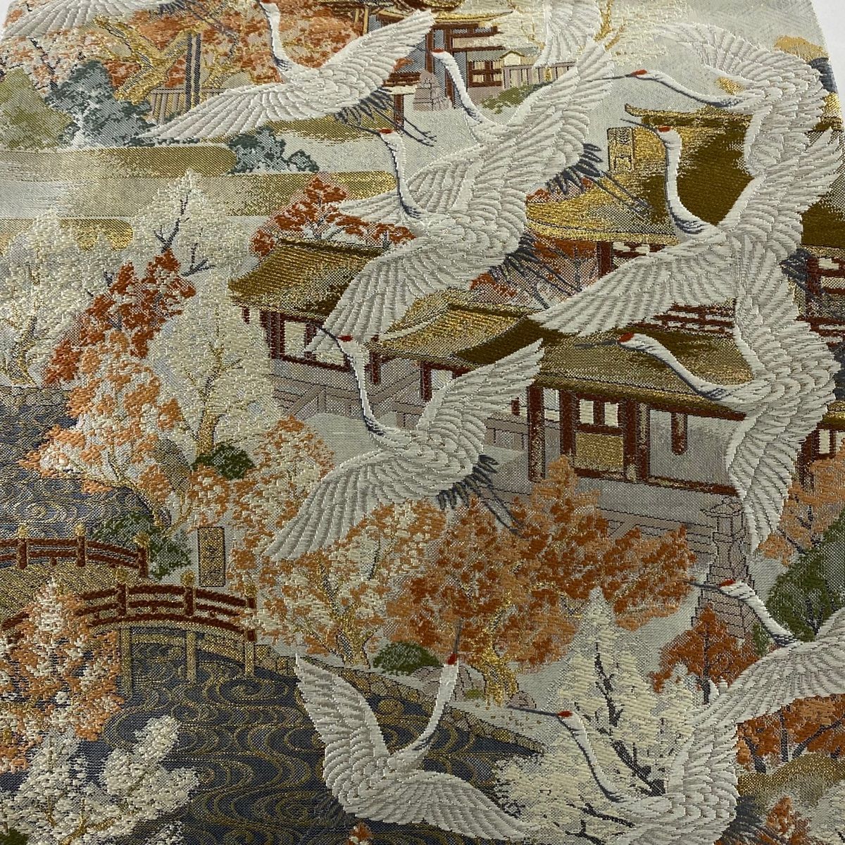 袋帯 鶴 京風景 金糸 箔 灰白 お太鼓柄 正絹