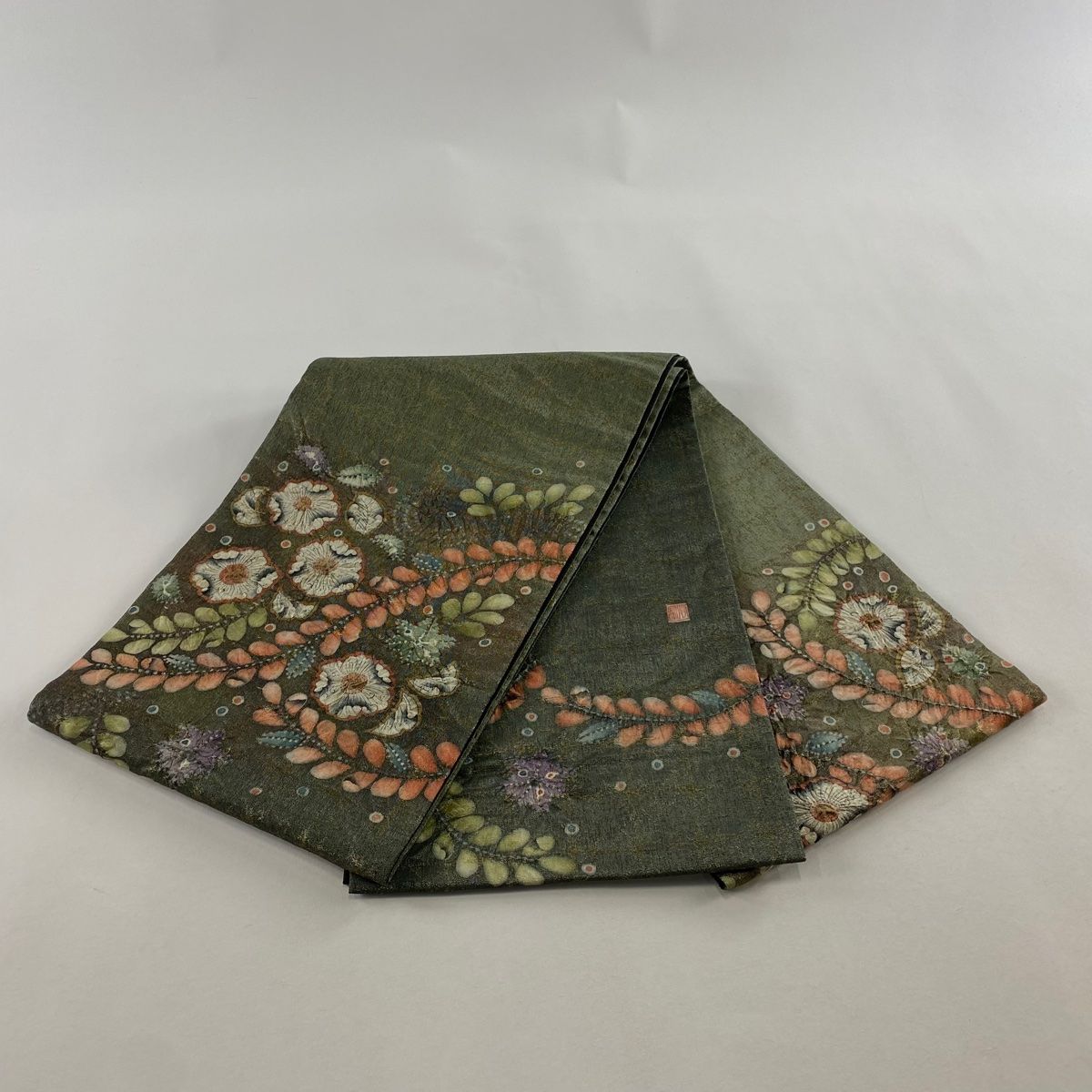  袋帯 落款 辻が花 金通し 灰緑 お太鼓柄 正絹 袋帯 帯