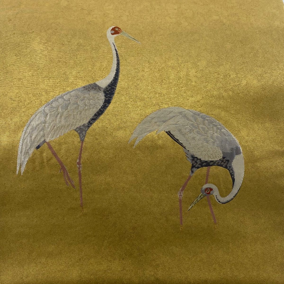 袋帯 落款 鶴 箔 金糸 金色 お太鼓柄 正絹