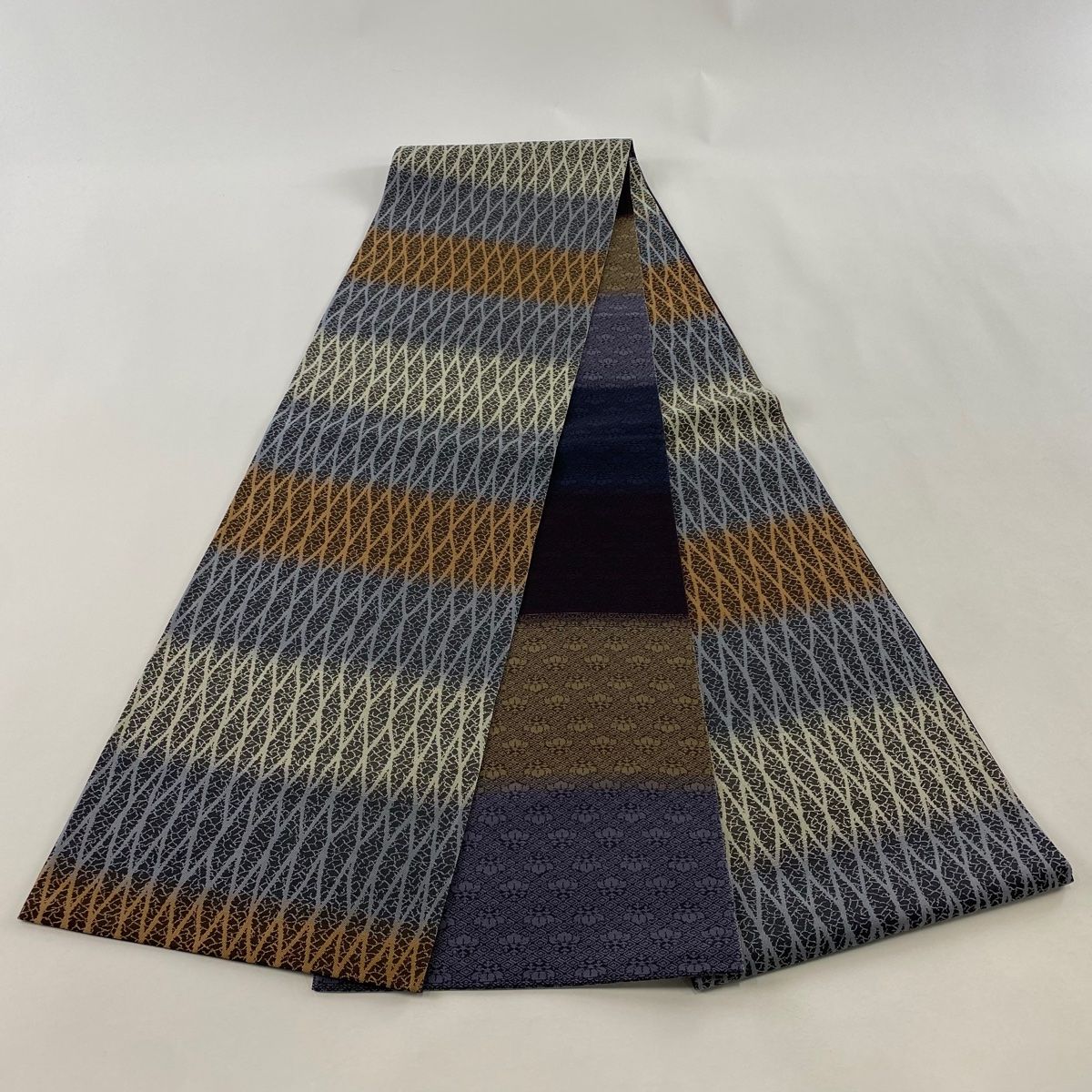  袋帯 幾何学模様 段縞 青灰色 全通 正絹 袋帯 帯