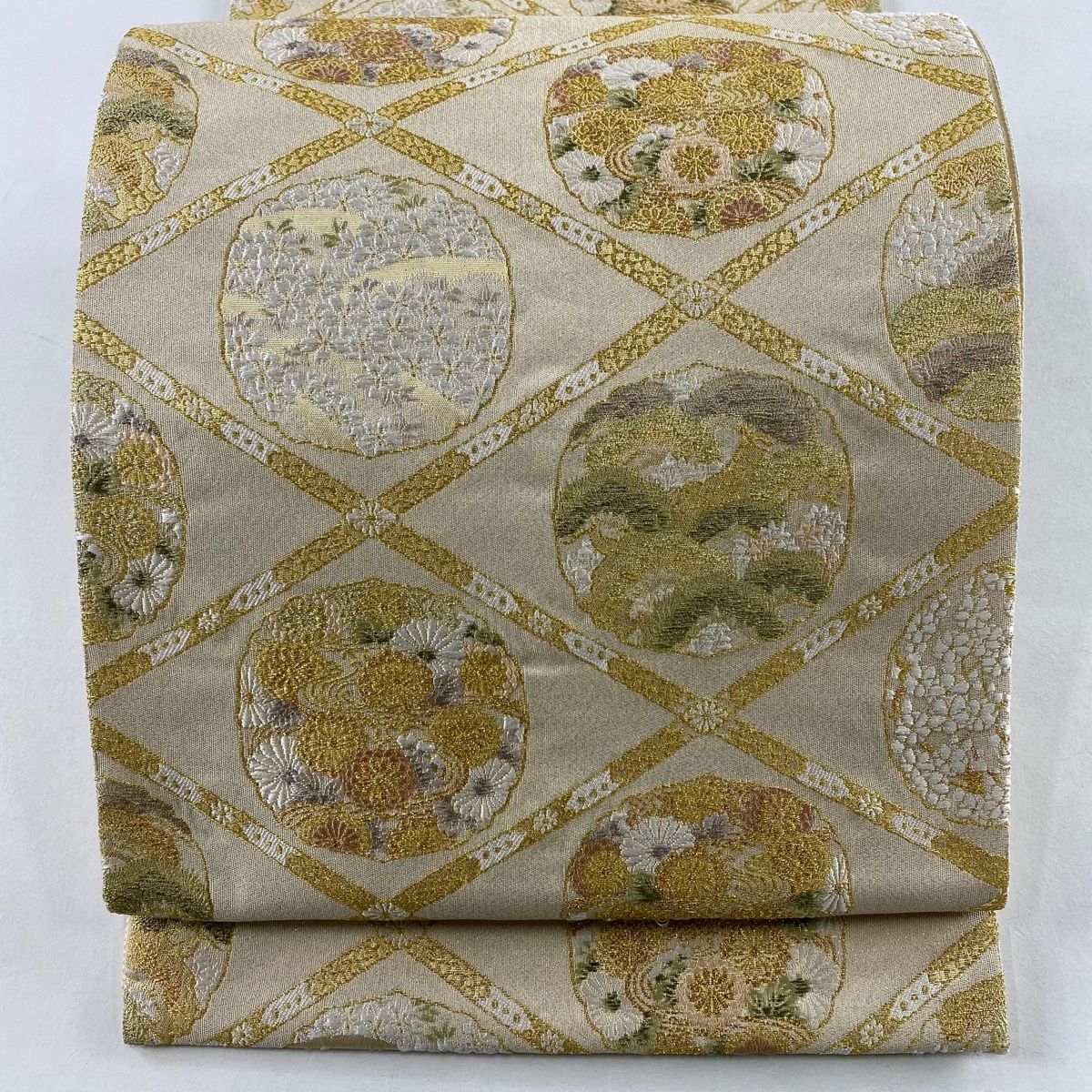 袋帯 菱雪輪小花文 金糸 箔 ベージュ 六通 正絹