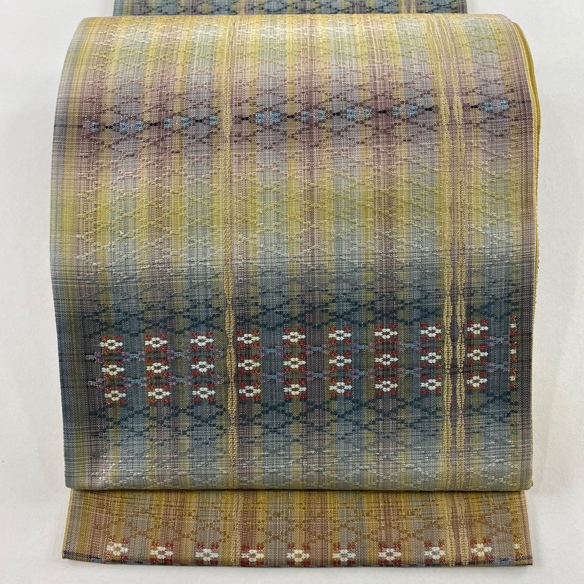 袋帯 幾何学模様 縞 茶緑色 六通 正絹