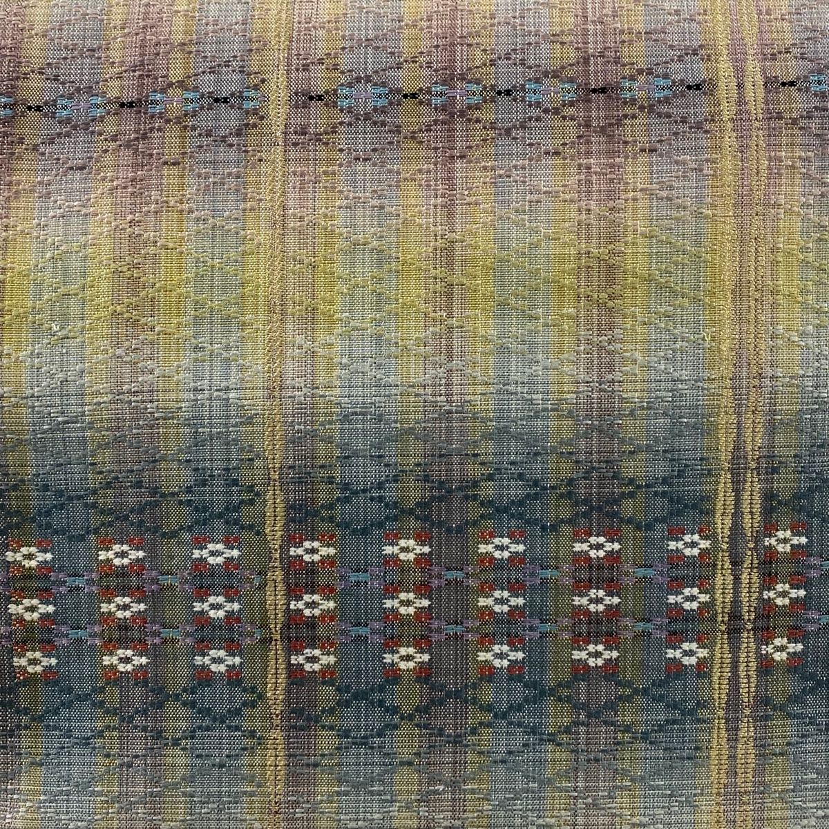 袋帯 幾何学模様 縞 茶緑色 六通 正絹