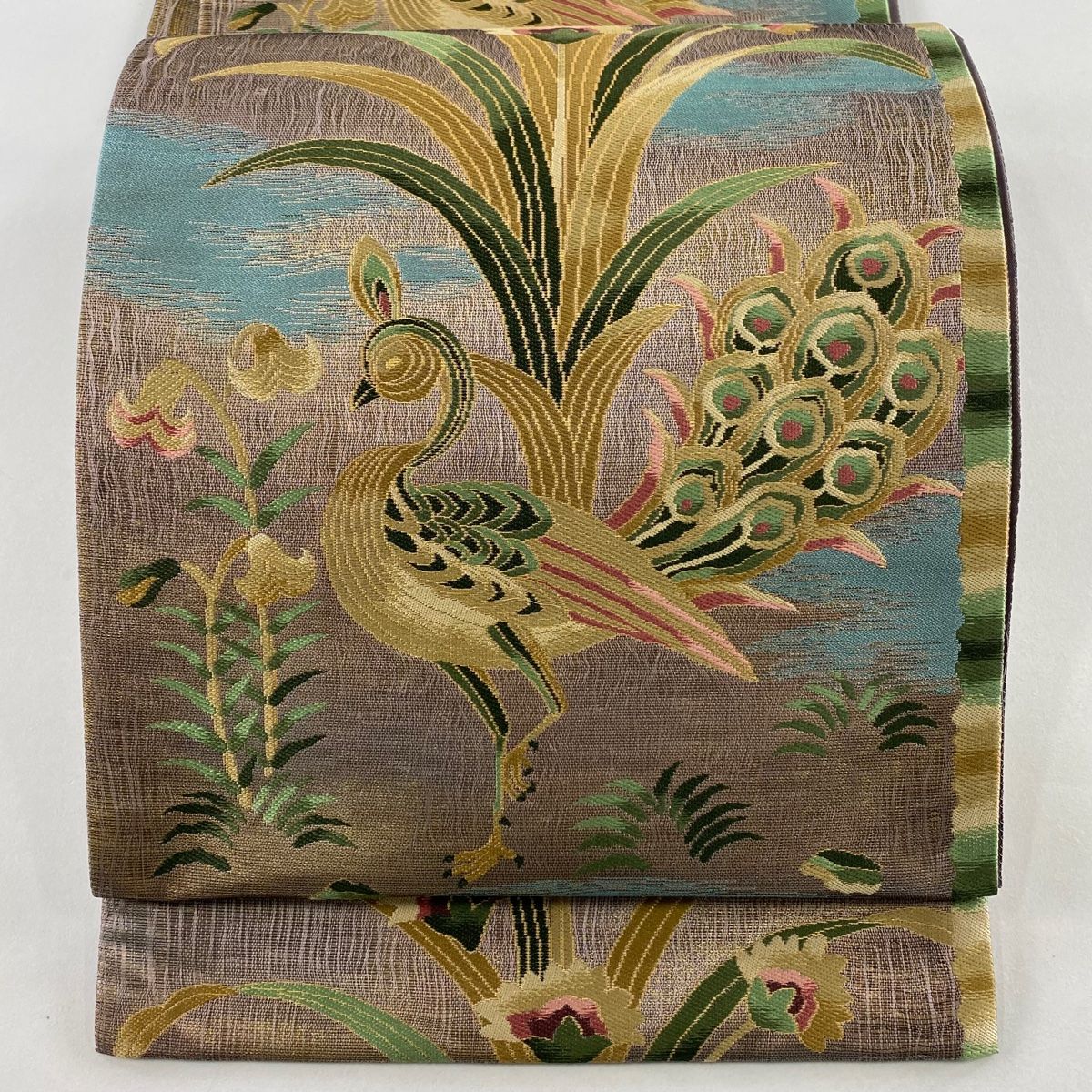 袋帯 孔雀 草花 箔 薄小豆 六通 正絹