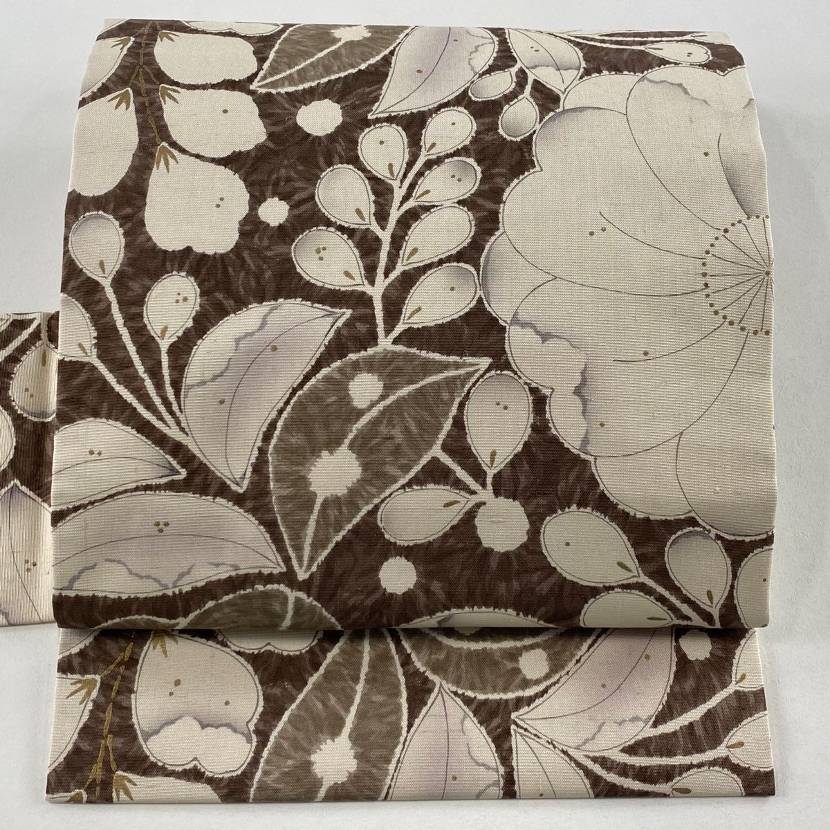 名古屋帯 紬地 草花 金彩 焦茶色 正絹