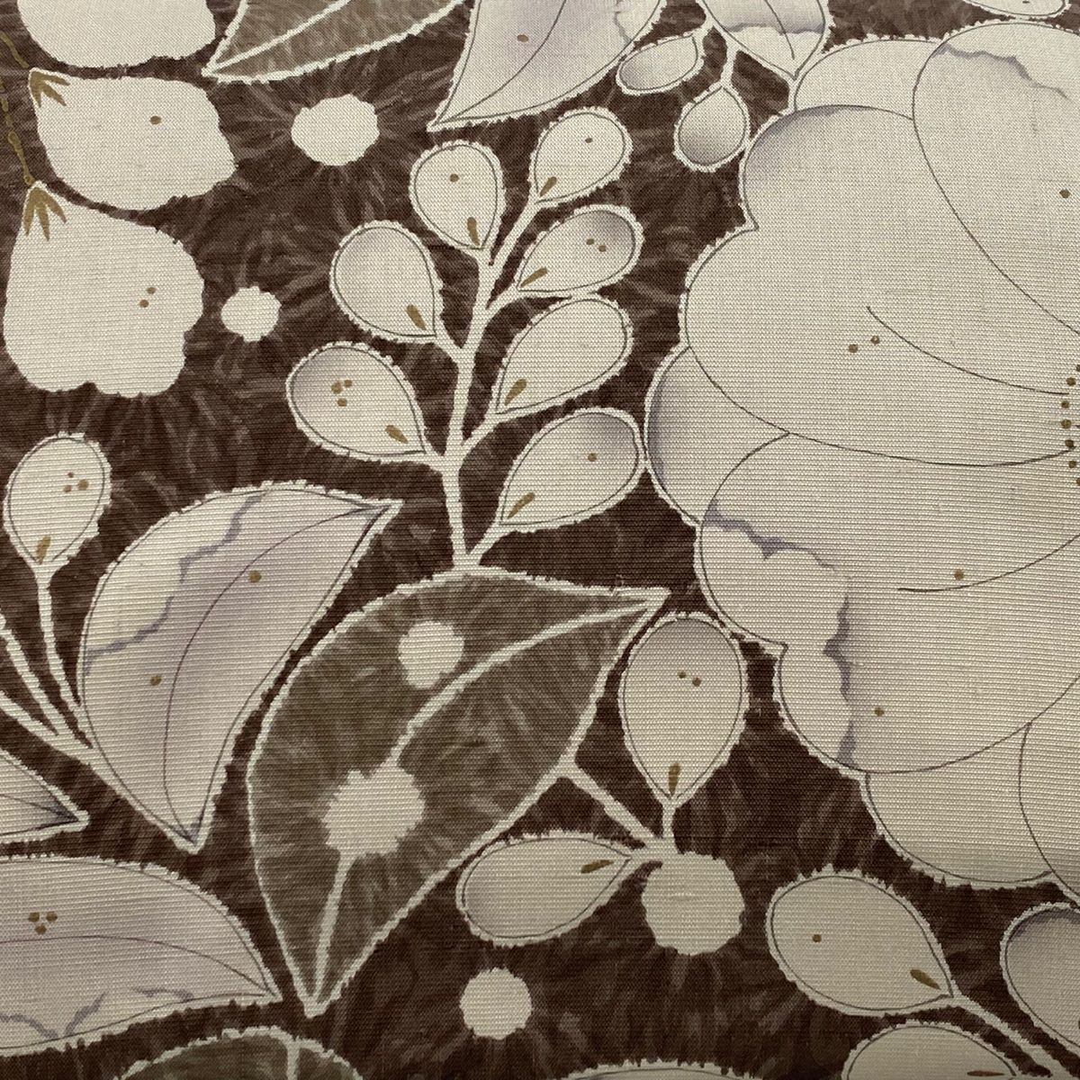 名古屋帯 紬地 草花 金彩 焦茶色 正絹