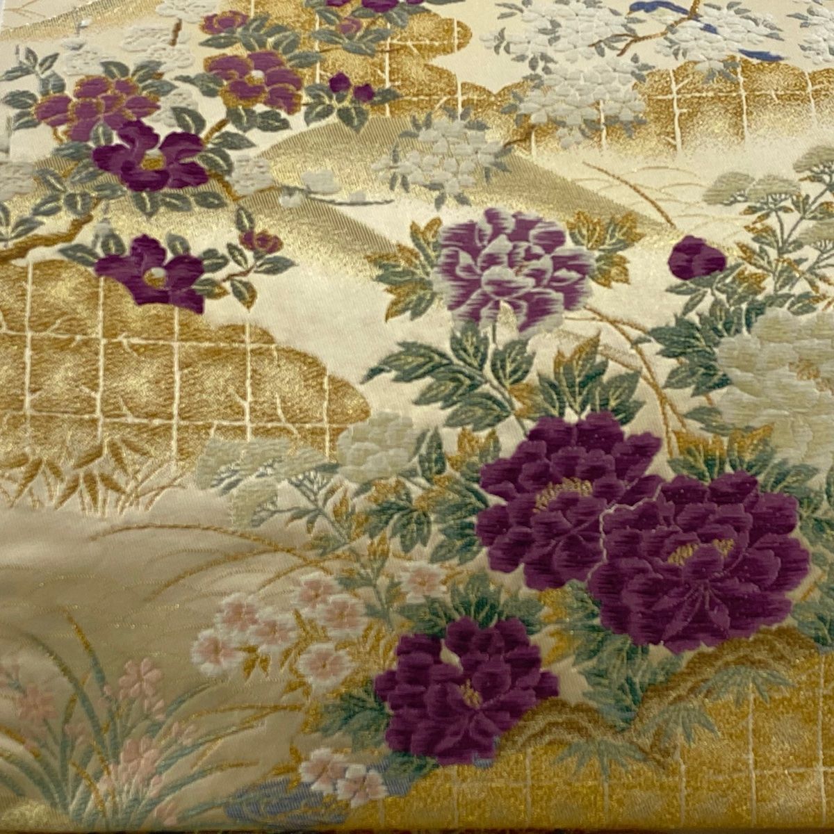 紫系 花柄刺繍 袋帯 袋帯 幅31cm 長さ438cm レディース 四季の花柄 秋冬春用 正絹（シルク