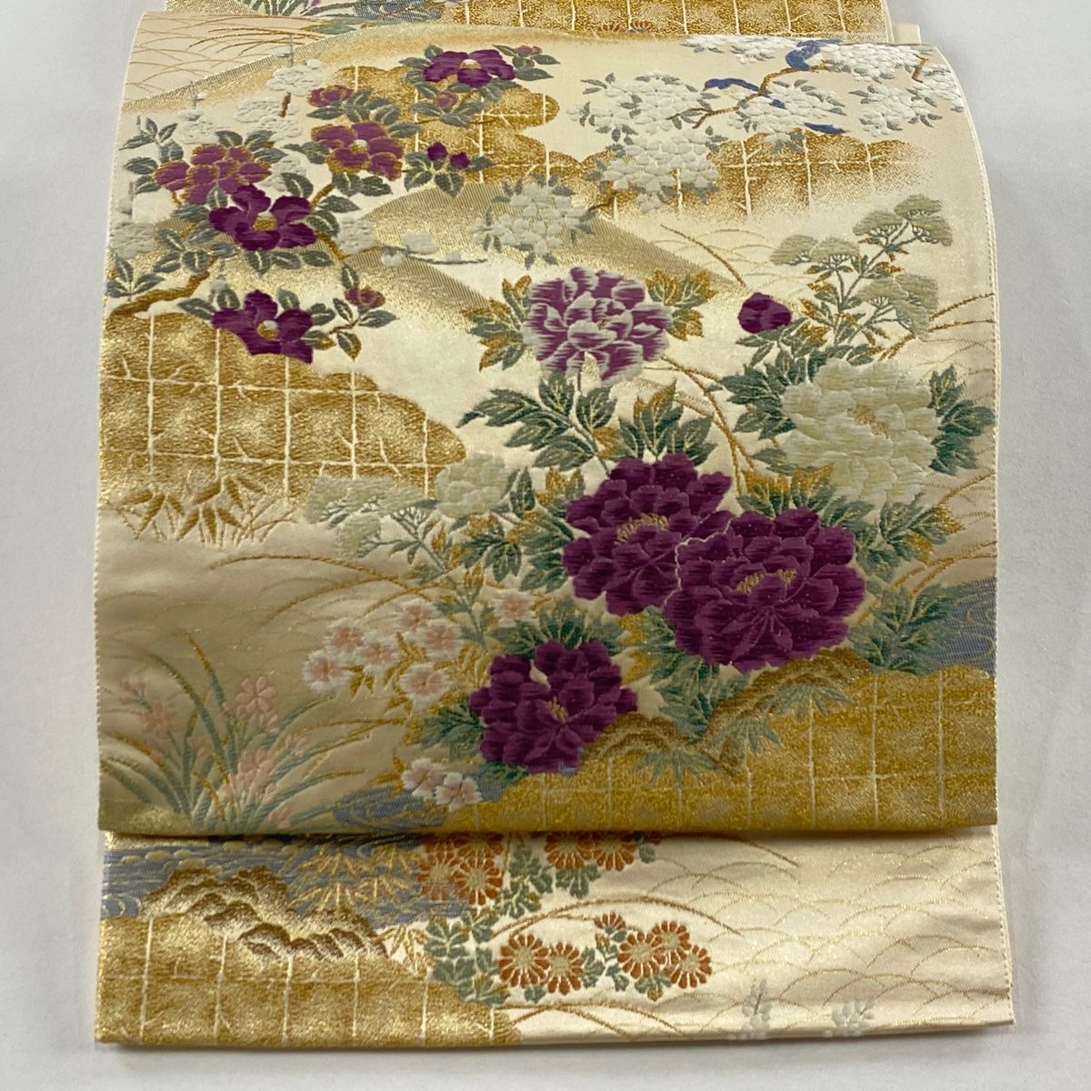 美品】 袋帯 名品 じゅらく 落款 じゅらく帝王紫 草花 鳥 刺繍 金糸