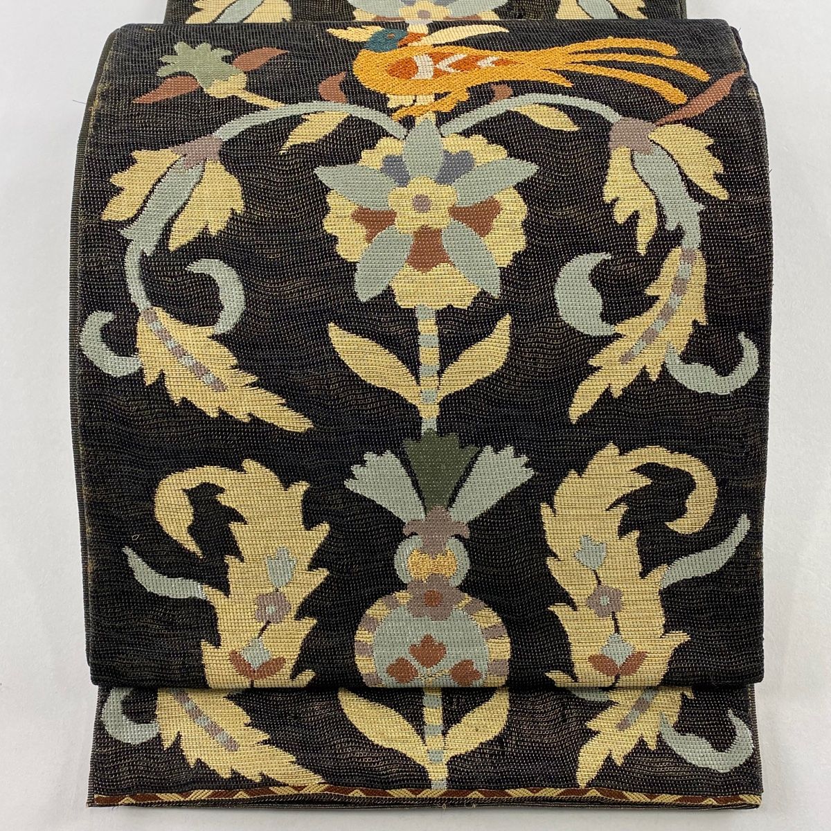 袋帯 落款 花鳥 花唐草 箔 深緑 六通 正絹