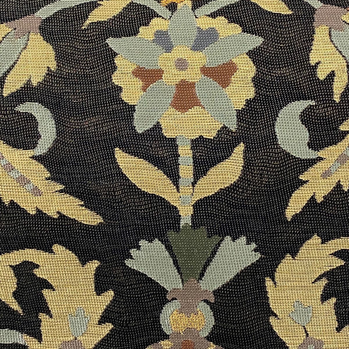 袋帯 落款 花鳥 花唐草 箔 深緑 六通 正絹