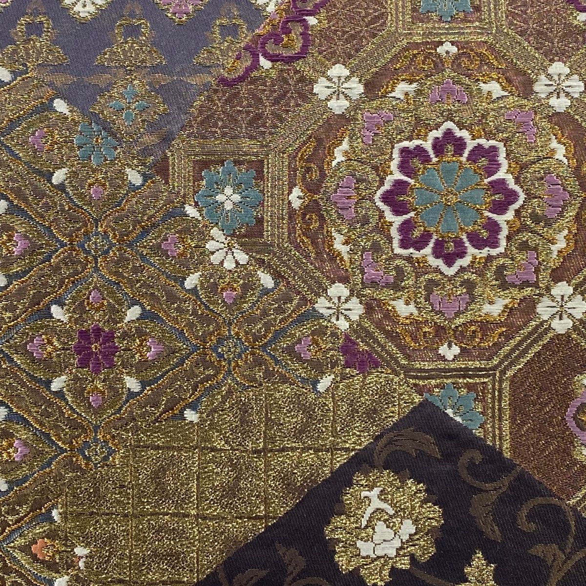 袋帯 じゅらく 落款 じゅらく帝王紫 蜀江華文 花鳥 金糸 箔 金茶 六通 正絹