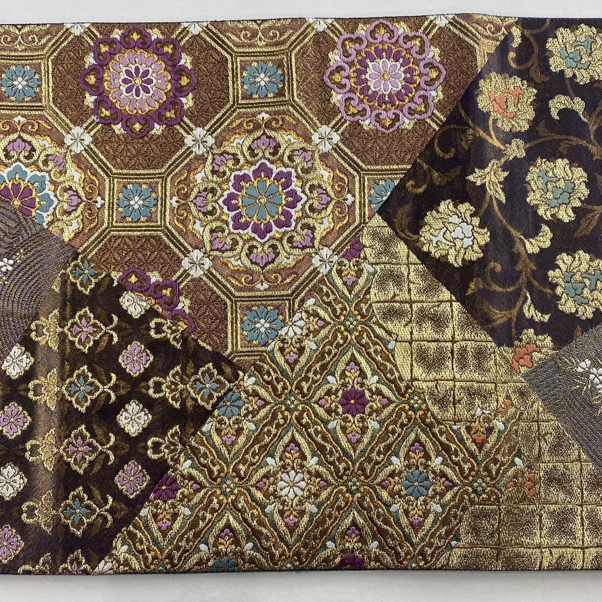 正絹　じゅらく帝王紫　六通袋帯【四角模様　なみなみ】 正絹 じゅらく帝王紫 六通袋帯【四角模様 なみなみ】 正絹 じゅらく