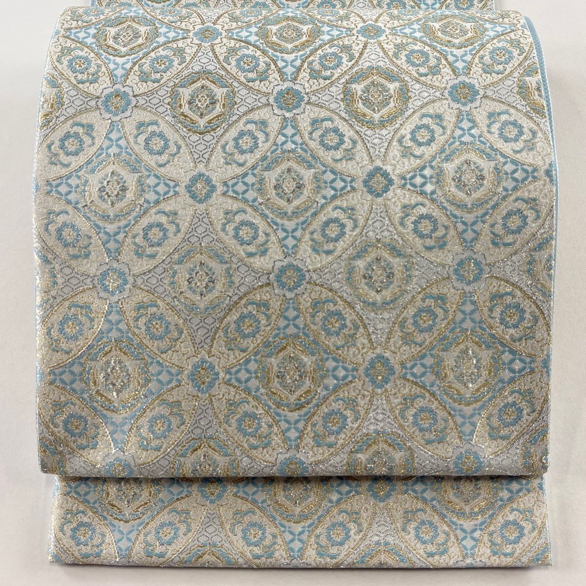 袋帯 七宝 花 銀糸 水色 六通 正絹