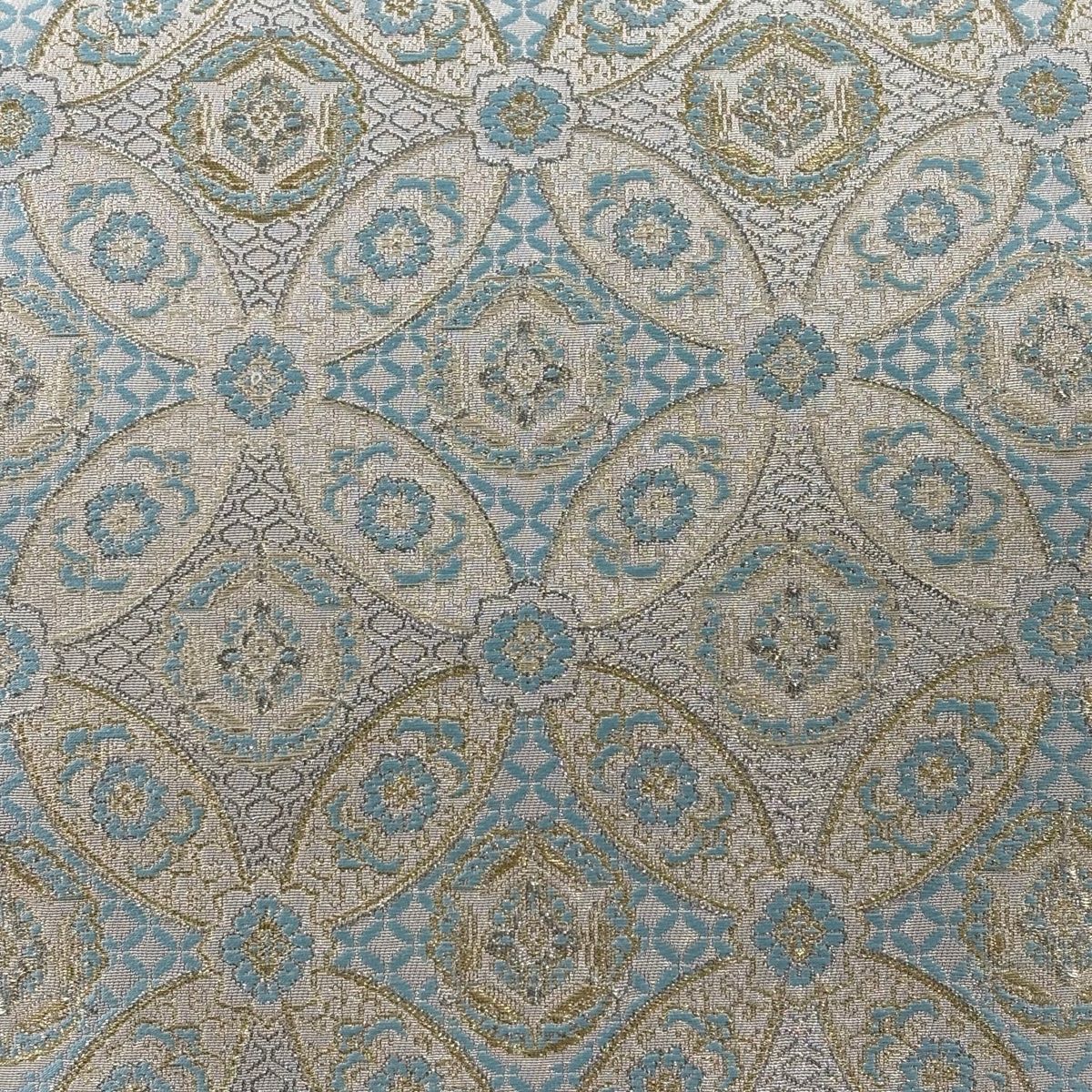 袋帯 七宝 花 銀糸 水色 六通 正絹