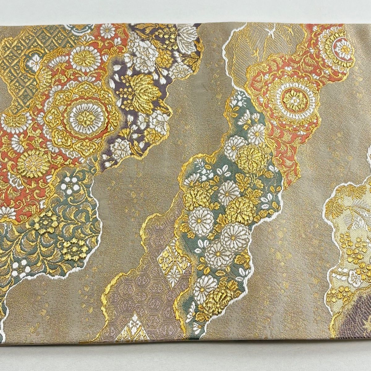  袋帯 落款 華文 道長取り 金糸 箔 ベージュ 六通 正絹 袋帯 帯