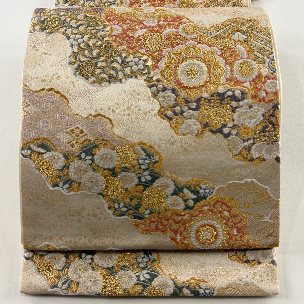 袋帯 落款 華文 道長取り 金糸 箔 ベージュ 六通 正絹