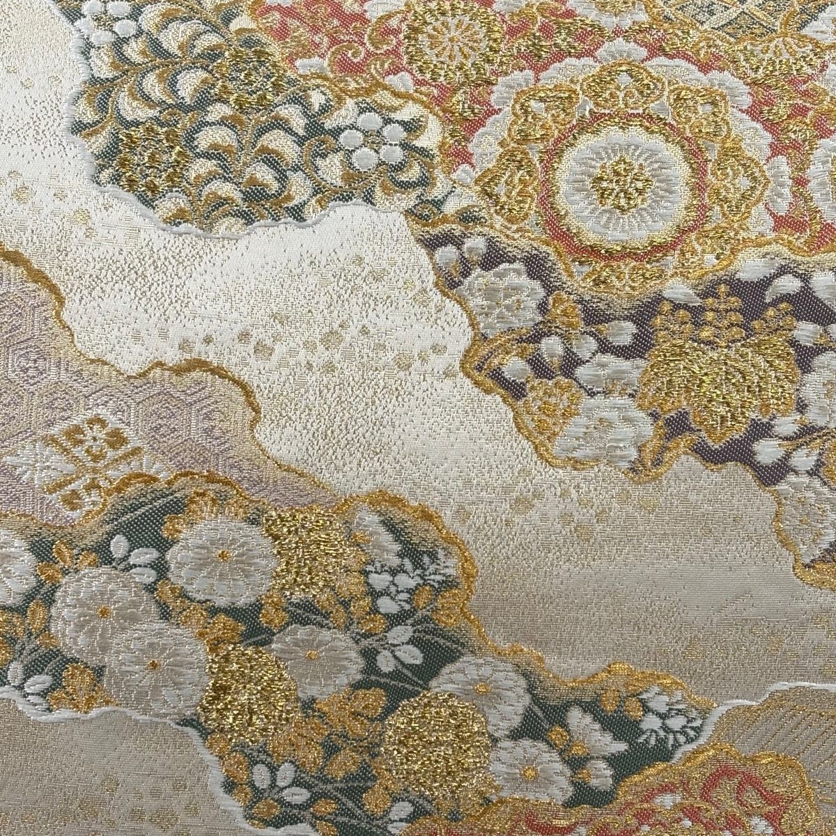 袋帯 落款 華文 道長取り 金糸 箔 ベージュ 六通 正絹