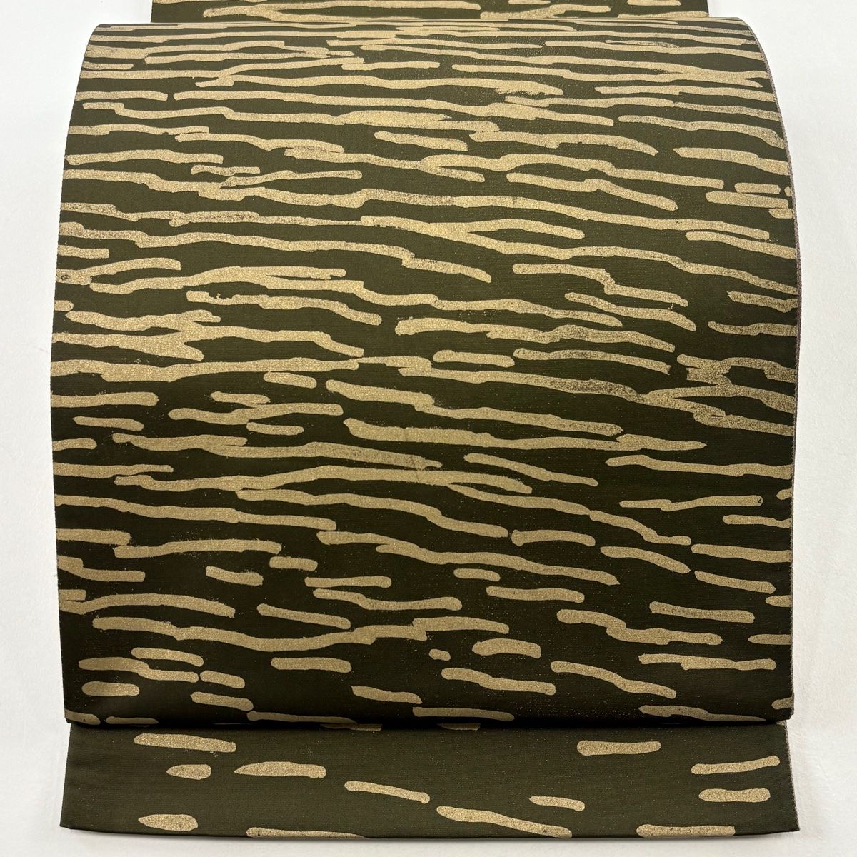 袋帯 幾何学模様 茶緑色 全通 正絹