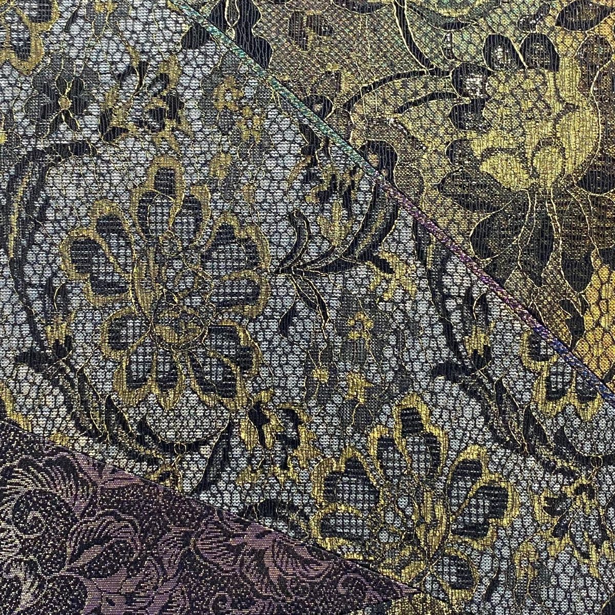 袋帯 草花 箔 切り嵌め 黒 お太鼓柄 正絹