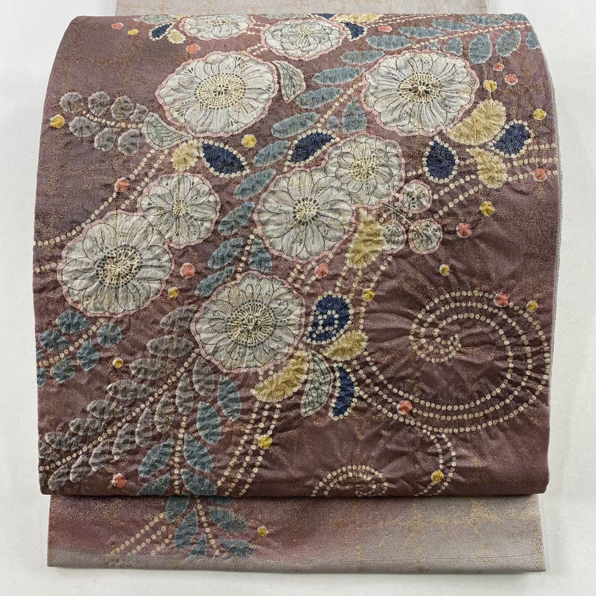 袋帯 辻が花 箔 灰紫 お太鼓柄 正絹