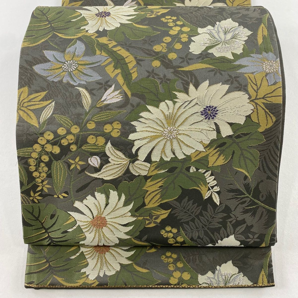 袋帯 二代目清次郎 落款 草花 実 灰緑 六通 正絹