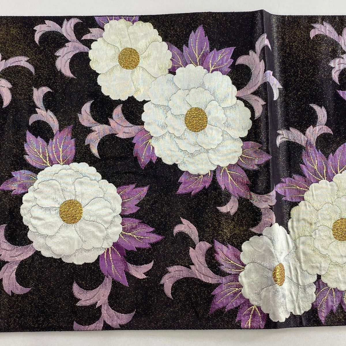 美品】 袋帯 名品 じゅらく 落款 牡丹唐草文様 金糸 箔 濃紫 六通 正絹
