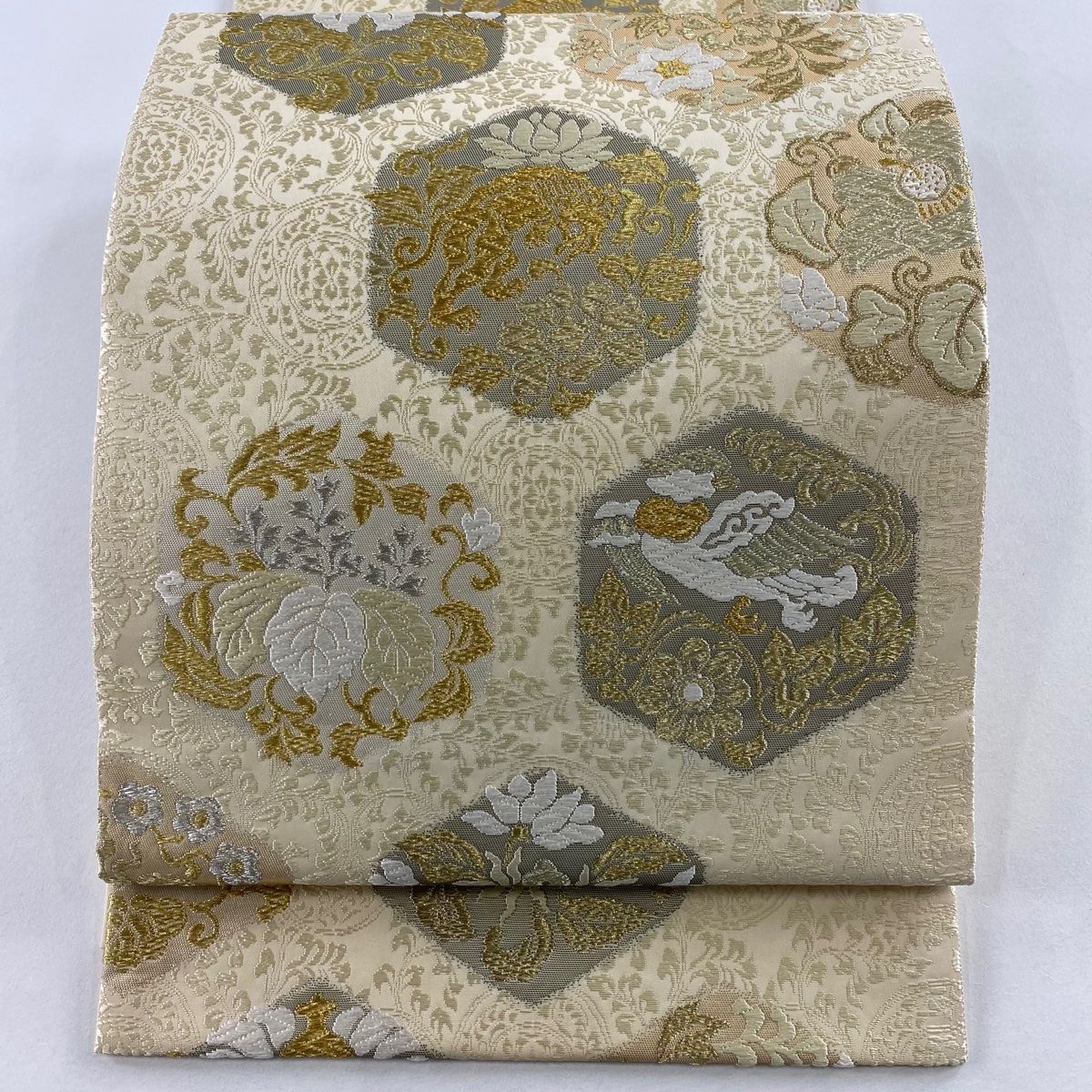 袋帯 亀甲 鳥 金銀糸 唐織 金色 六通 正絹