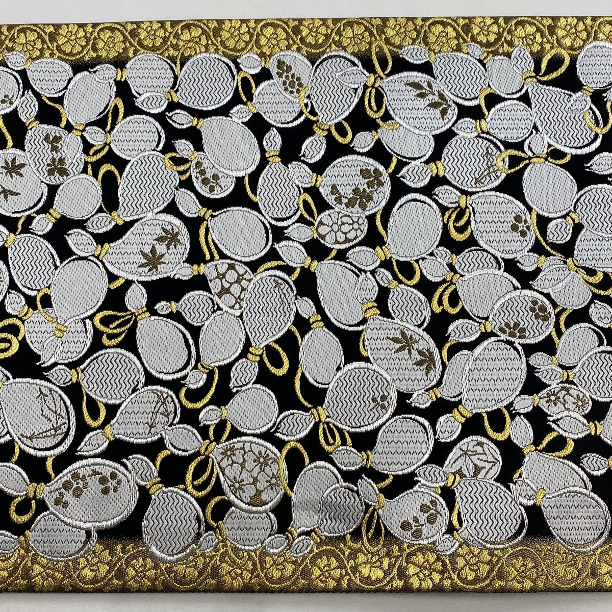  袋帯 瓢箪 桜楓 金銀糸 箔 黒 全通 正絹 袋帯 帯