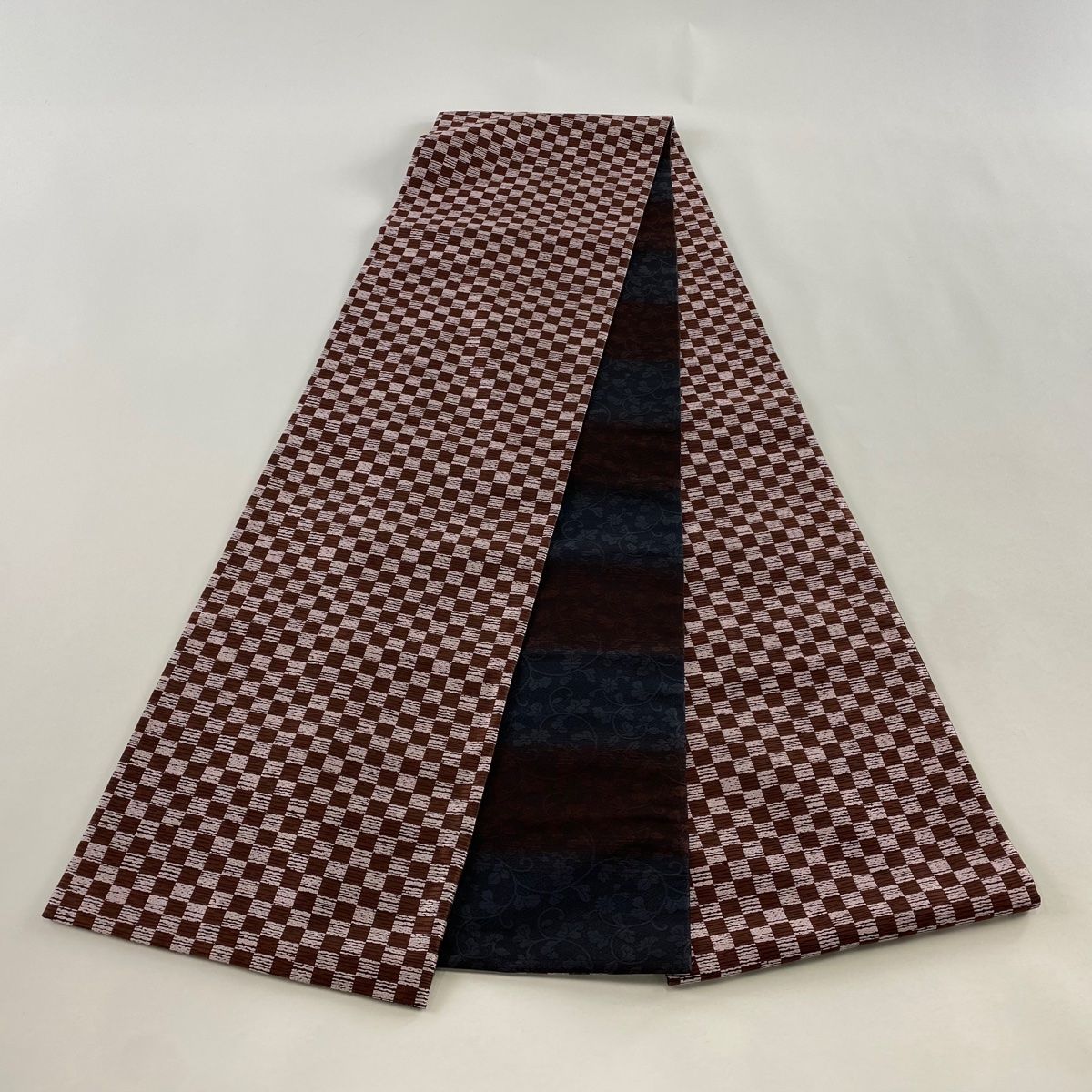  袋帯 市松模様 小豆色 全通 正絹 袋帯 帯