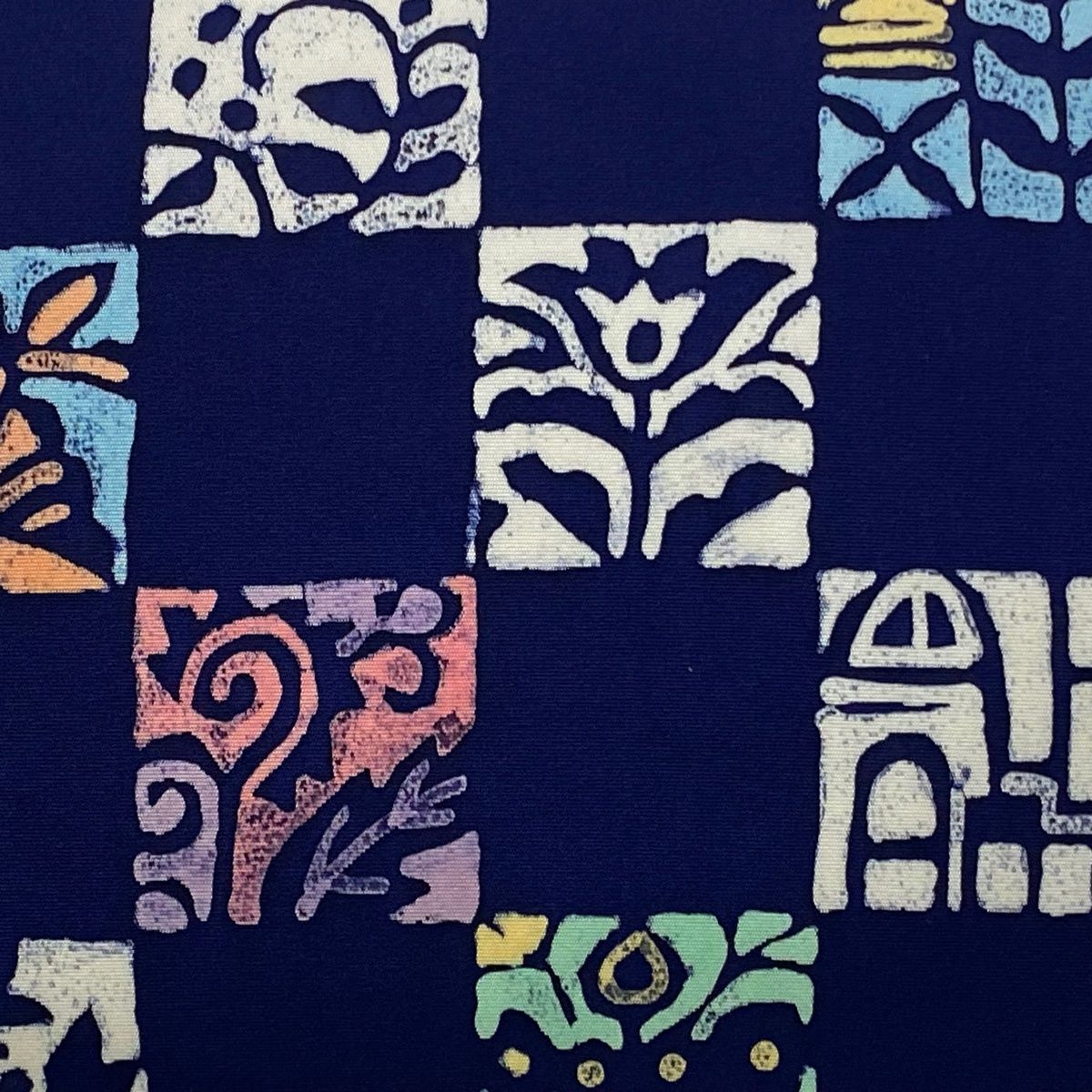 名古屋帯 落款 変わり市松 草花 紺色 正絹