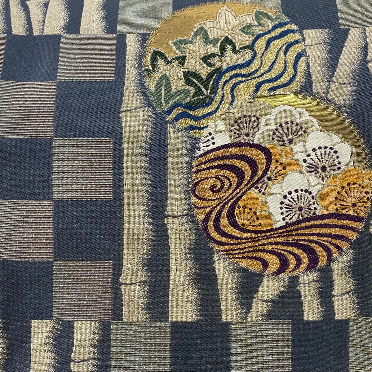 袋帯 梅 市松模様 金銀糸 箔 青灰色 六通 正絹