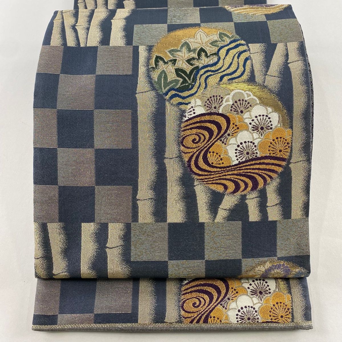 袋帯 梅 市松模様 金銀糸 箔 青灰色 六通 正絹