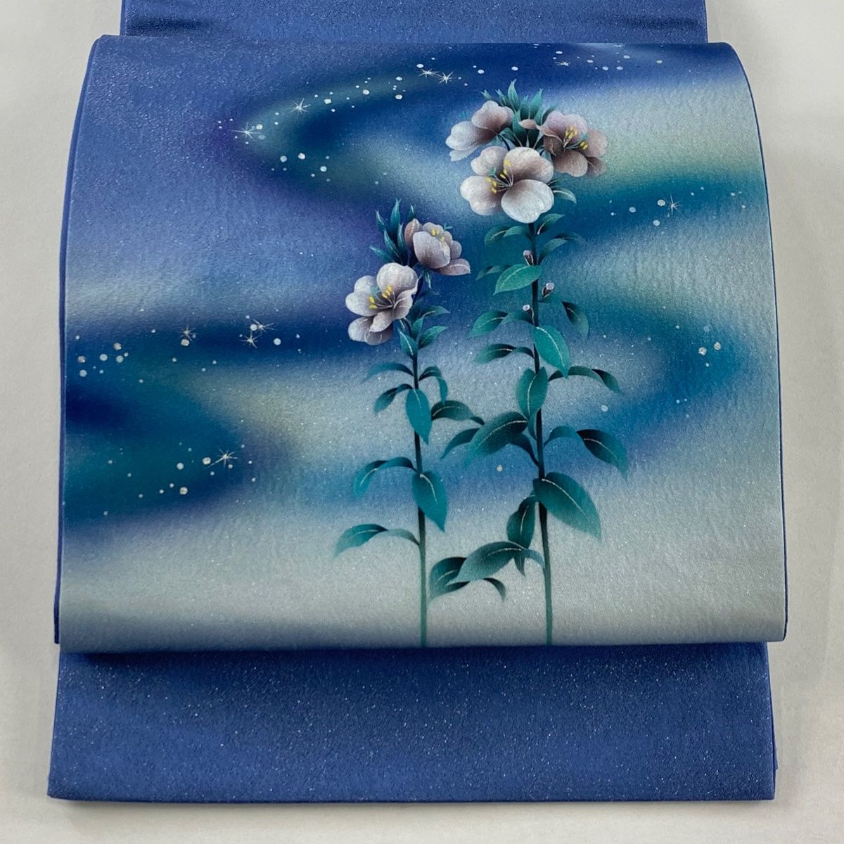 袋帯 草花 星 銀通し 銀彩 青紫 お太鼓柄 正絹