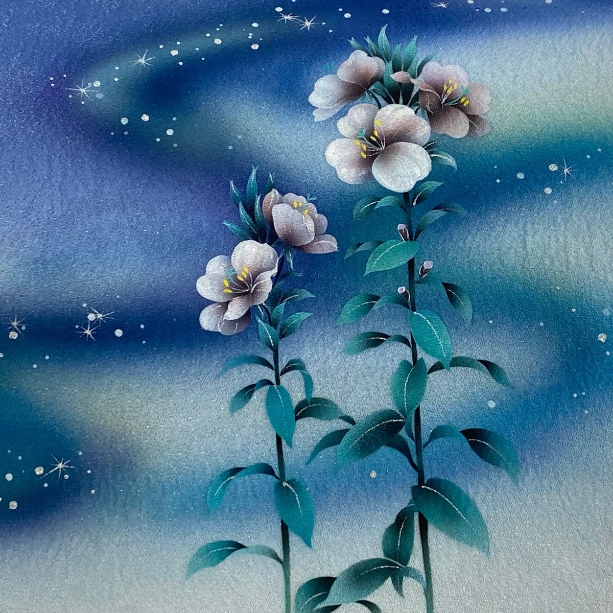 袋帯 草花 星 銀通し 銀彩 青紫 お太鼓柄 正絹