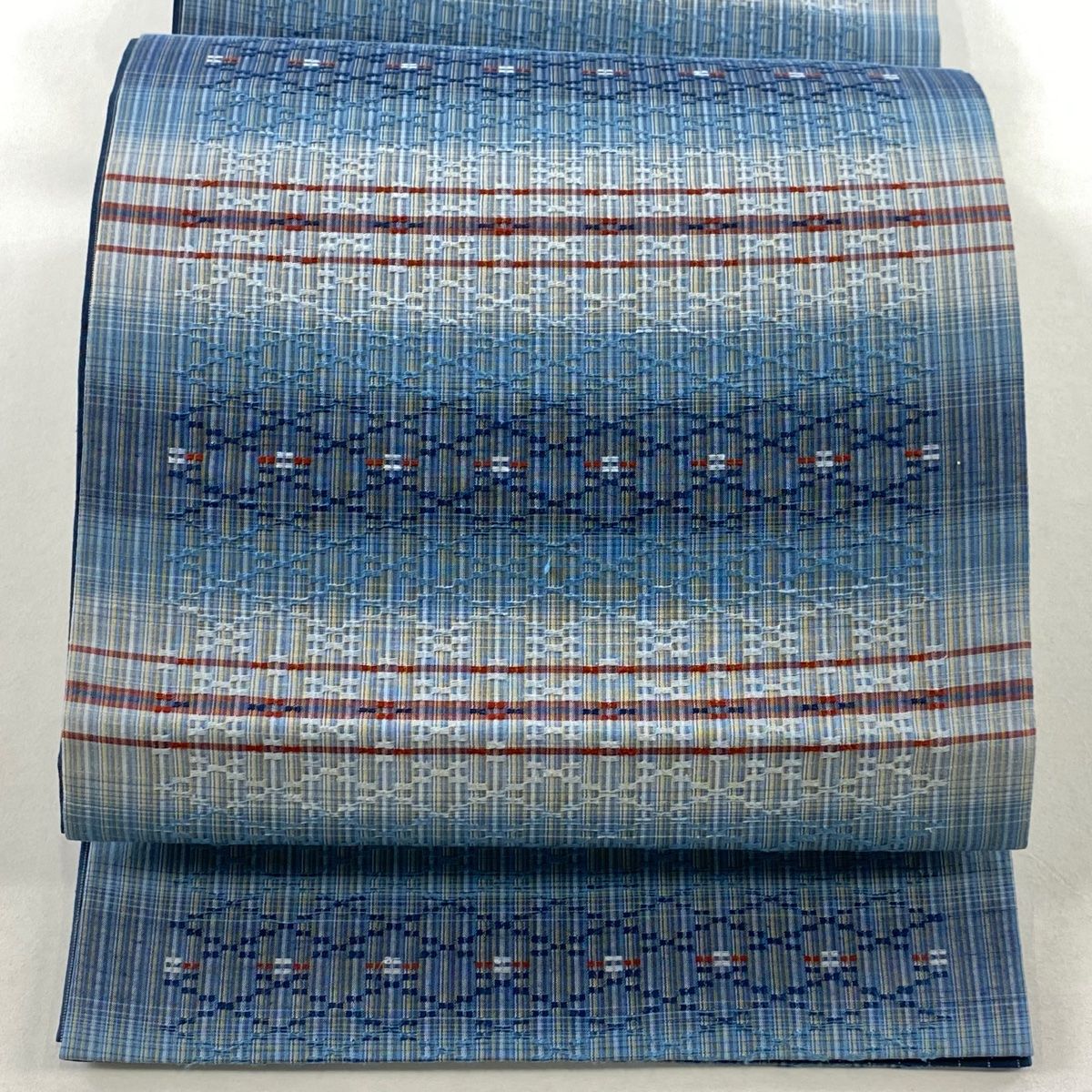 袋帯 縞模様 幾何学模様 青灰色 全通 正絹