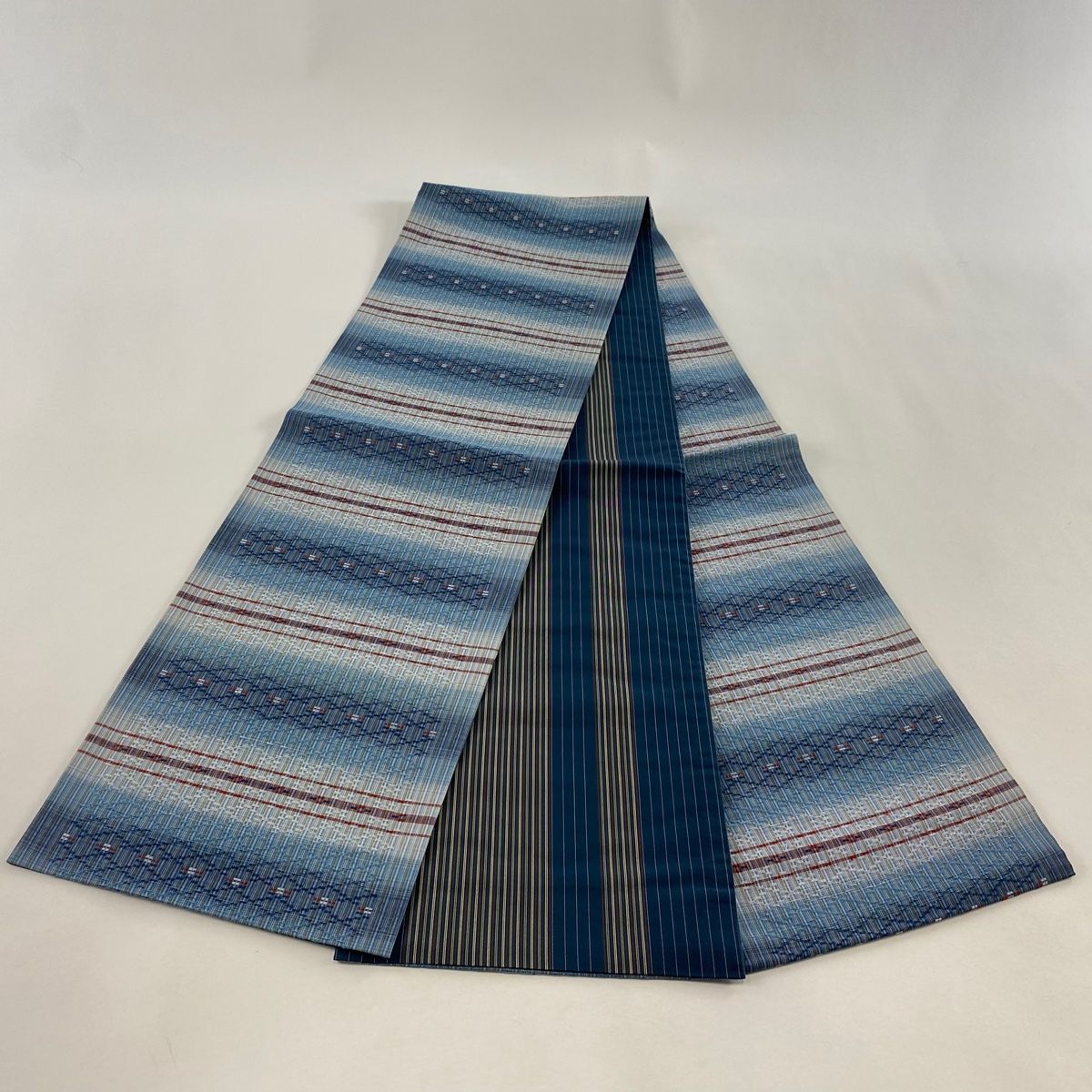  袋帯 縞模様 幾何学模様 青灰色 全通 正絹 袋帯 帯