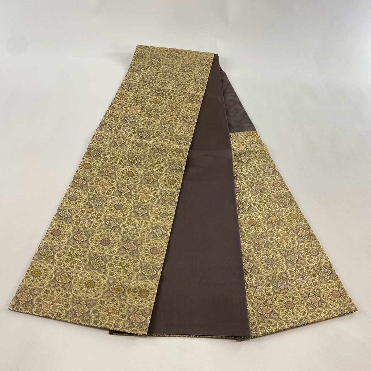  袋帯 箔屋清兵衛 落款 華文 箔 薄黄土色 六通 正絹 袋帯 帯