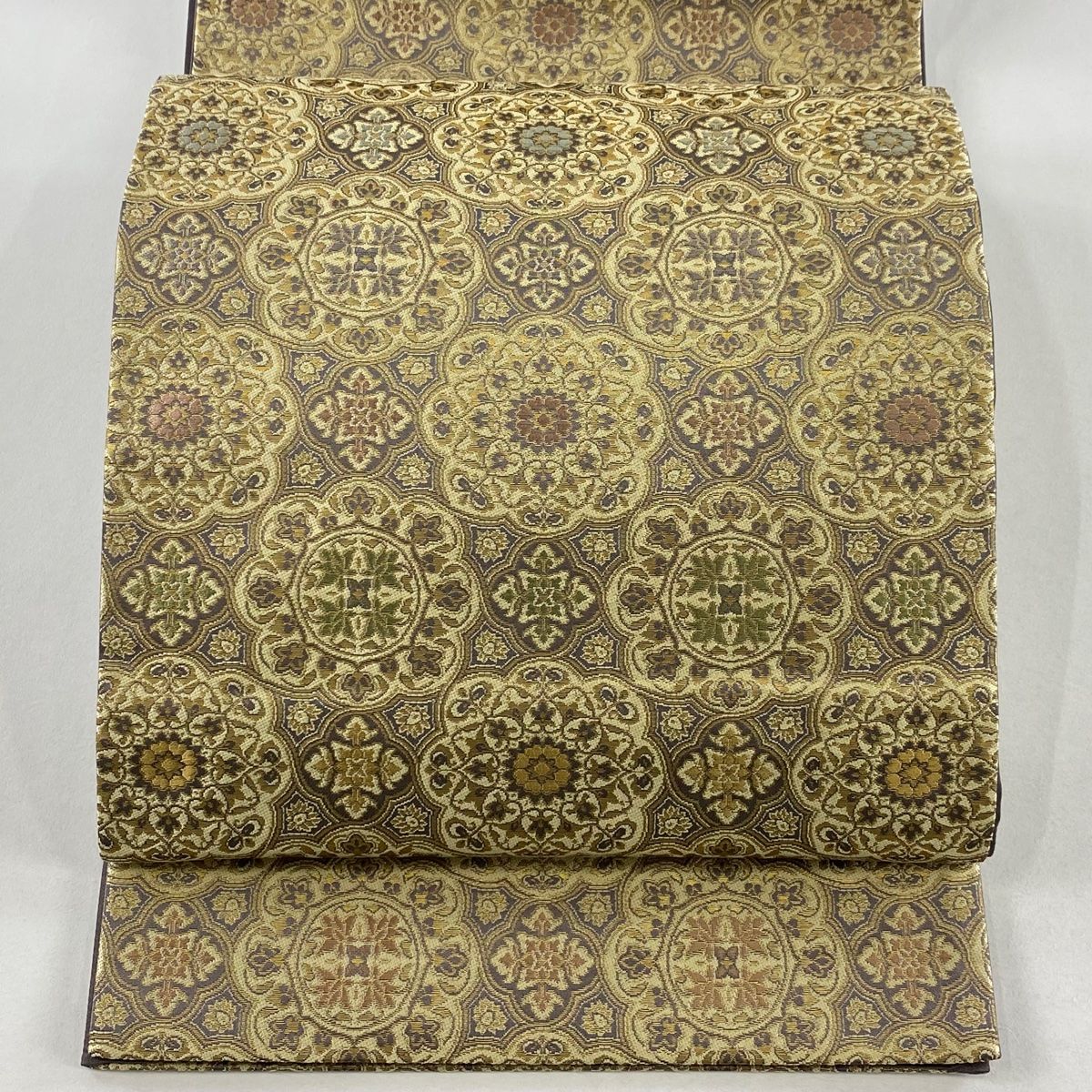 袋帯 箔屋清兵衛 落款 華文 箔 薄黄土色 六通 正絹