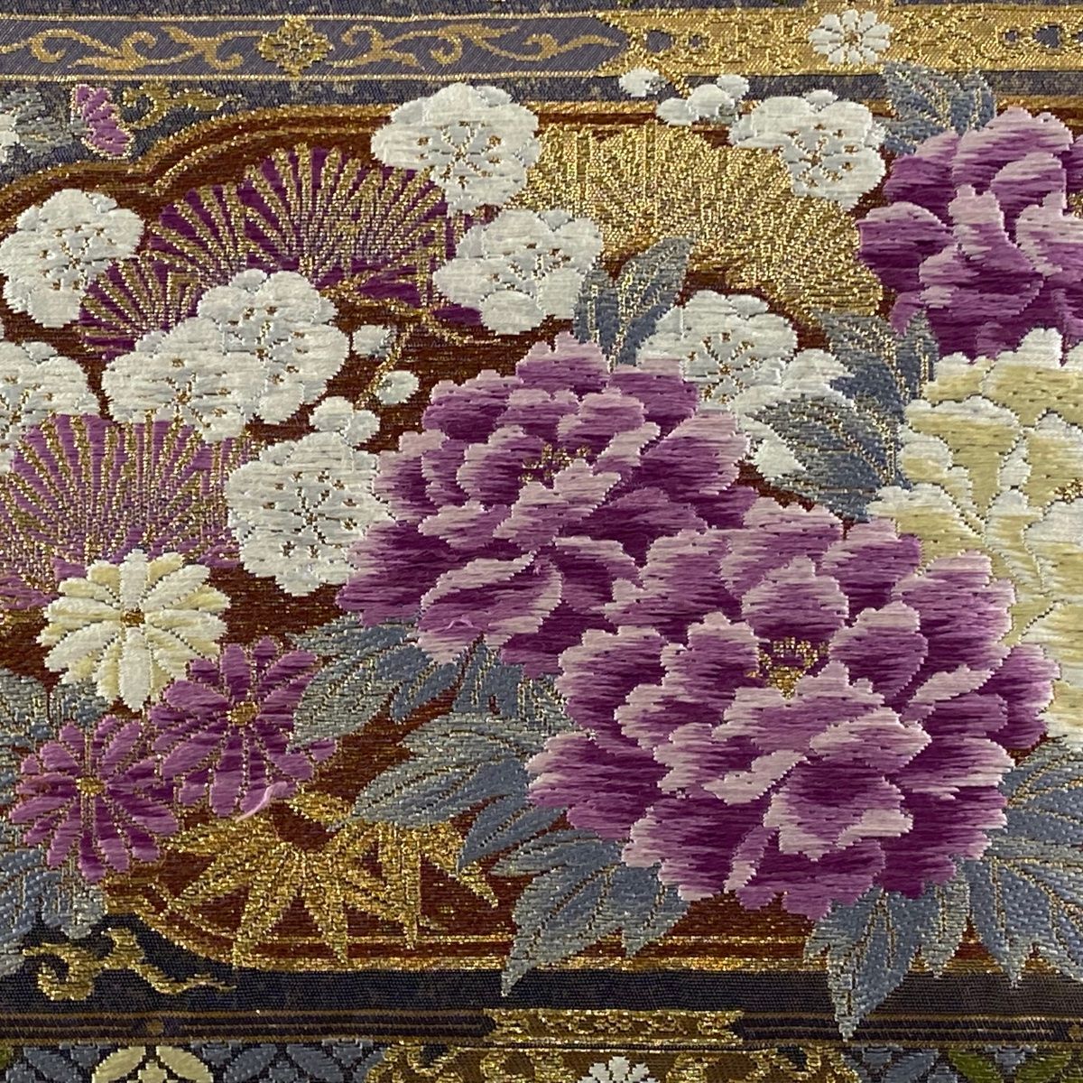 袋帯 じゅらく 落款 松竹梅 鳳凰 金糸 箔 紫 お太鼓柄 正絹