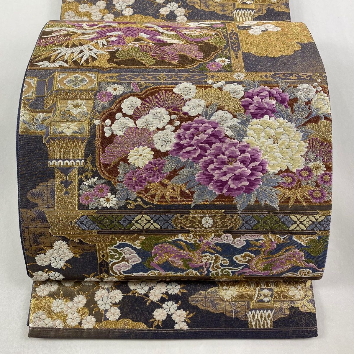 袋帯 じゅらく 落款 松竹梅 鳳凰 金糸 箔 紫 お太鼓柄 正絹