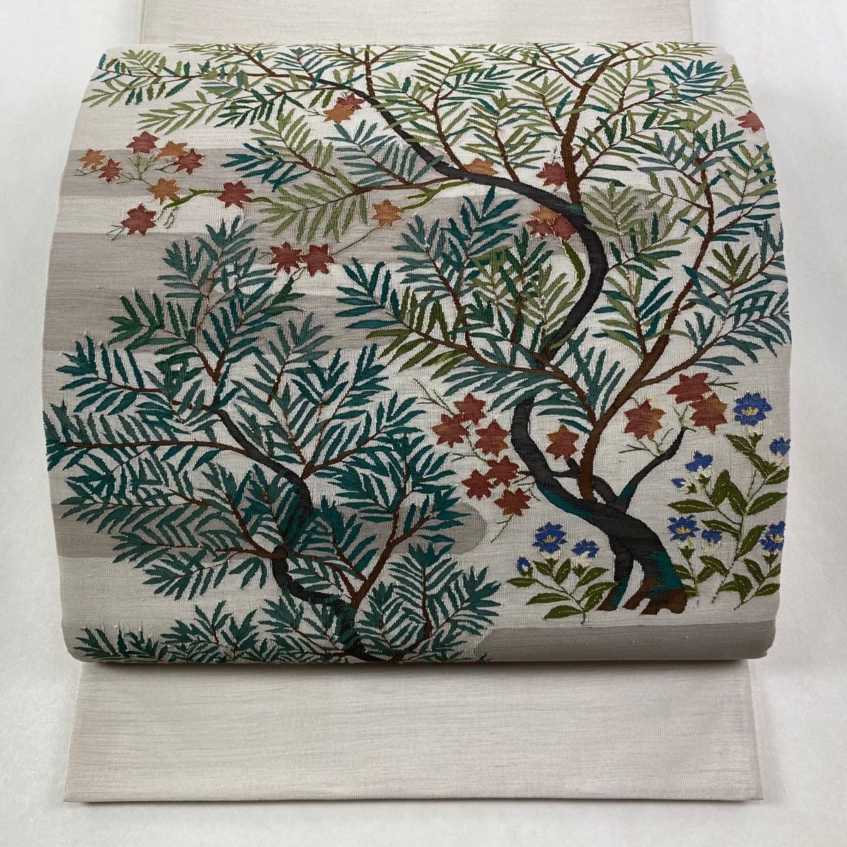 袋帯 樹木 ヱ霞 金糸 灰色 お太鼓柄 正絹