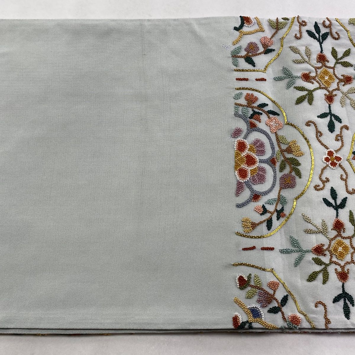  袋帯 華文 草花 金糸 相良刺繍 薄緑 六通 正絹 袋帯 帯