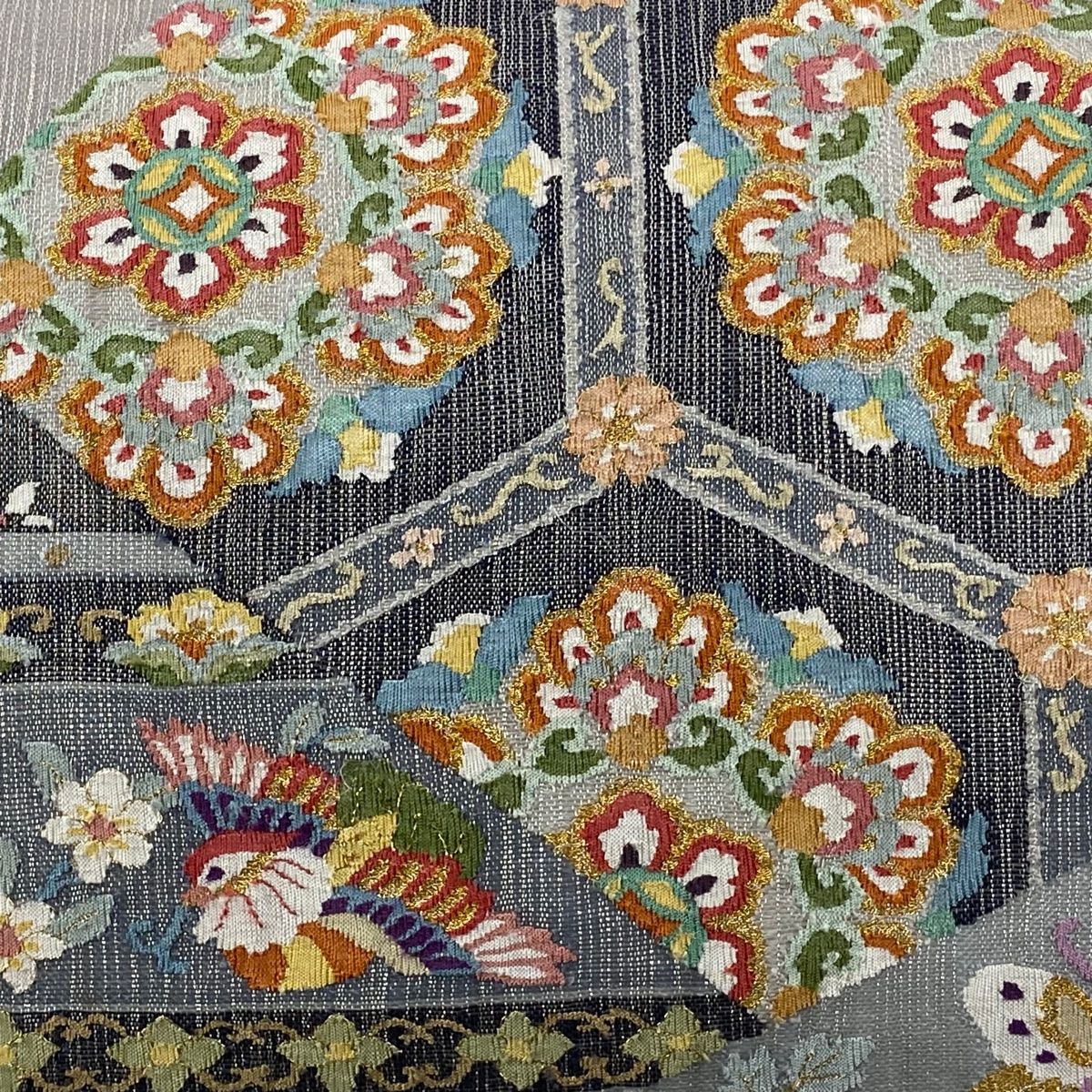 袋帯 夏帯 華文 鳥 金銀糸 青灰色 六通 正絹