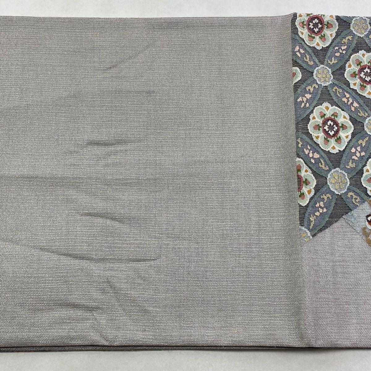  袋帯 夏帯 華文 鳥 金銀糸 青灰色 六通 正絹 袋帯 帯